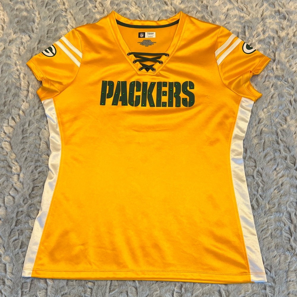 Women's Packers Yellow Jersey Lace Up Shiny Shirt